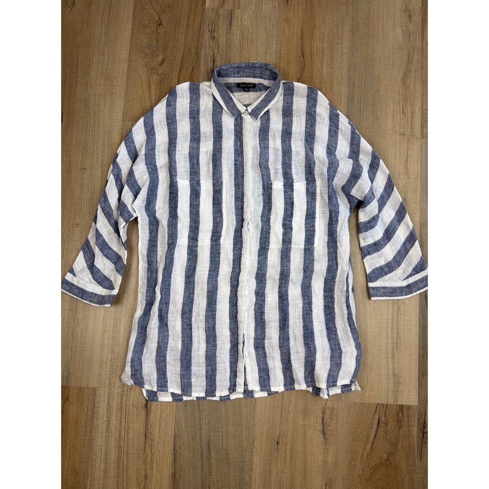 Athena Marie Womens Blue White Striped 100% Linen Button Down Shirt Size Medium